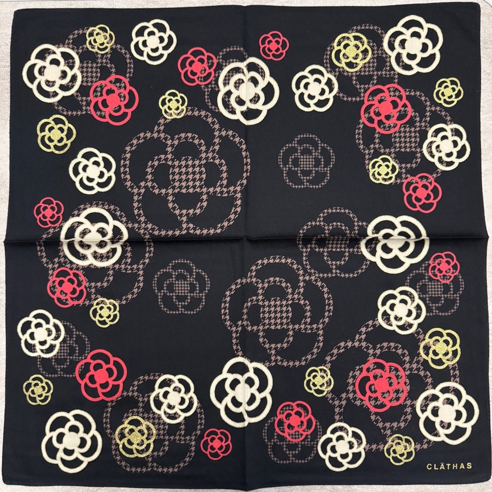 Floral Design Scarf - Black, Red, Cream vintage handkerchief cotton